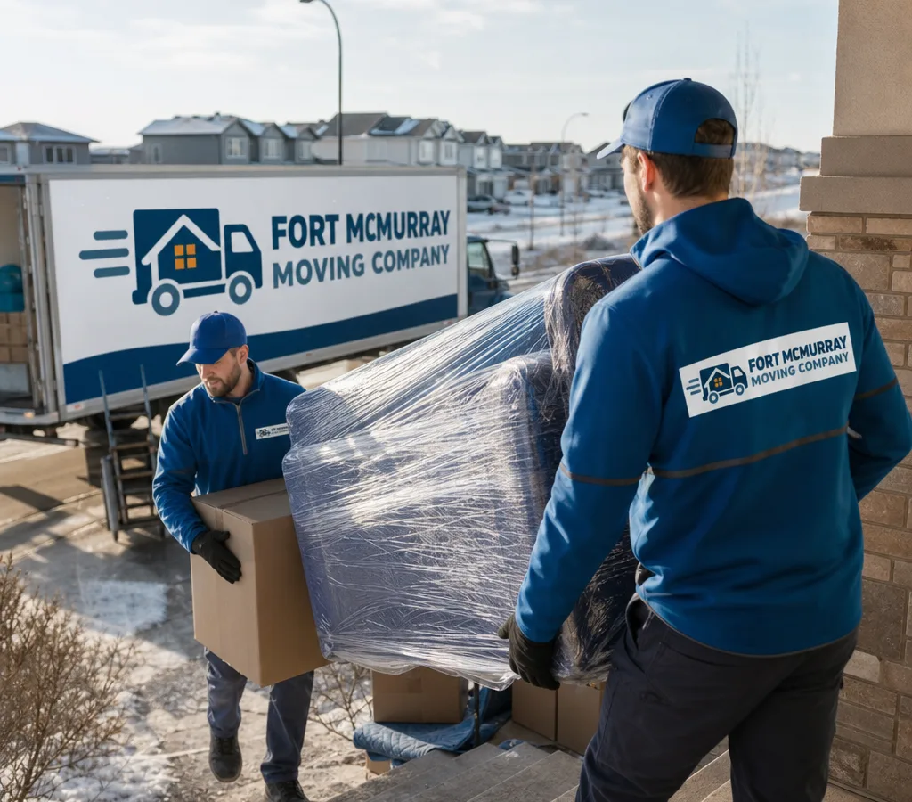 A moving crew carrying wrapped furniture and sealed moving boxes up a residential entryway in Fort McMurray, with a clean moving truck parked safely at the curb.