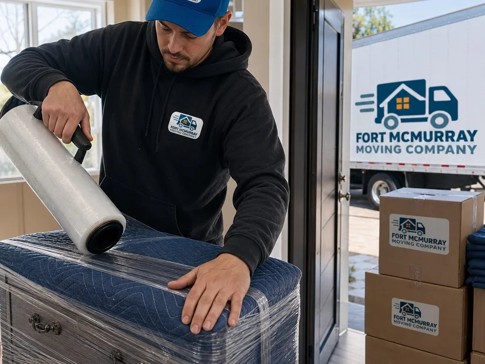 Close-up of a mover wrapping a dresser with moving blankets and stretch wrap, with labeled boxes staged neatly near the door for a planned load-out.