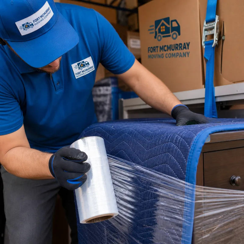 A mover applying stretch wrap and furniture blankets to a dresser beside labeled boxes and tie-down straps in a moving truck.