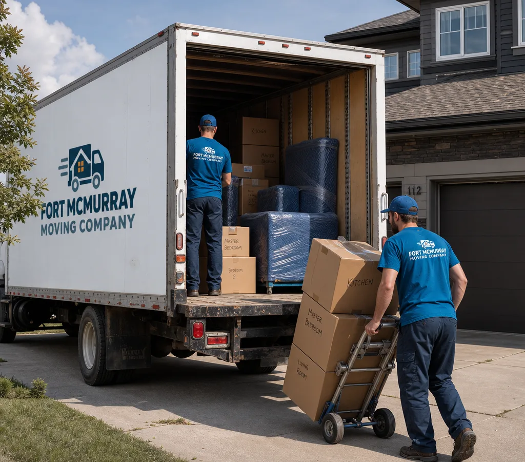 A moving truck being loaded with labeled boxes and wrapped furniture outside a Fort McMurray home, with movers using dollies and blankets.