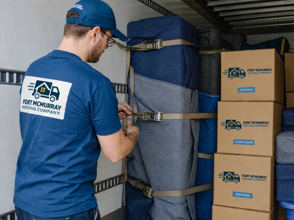 The interior of a moving truck with blanket-wrapped furniture strapped to wall rails and evenly stacked labeled boxes.