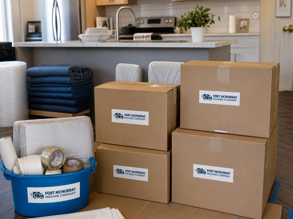 A kitchen packing setup with dish packs, paper, tape, and neatly labeled cartons on a protected floor.