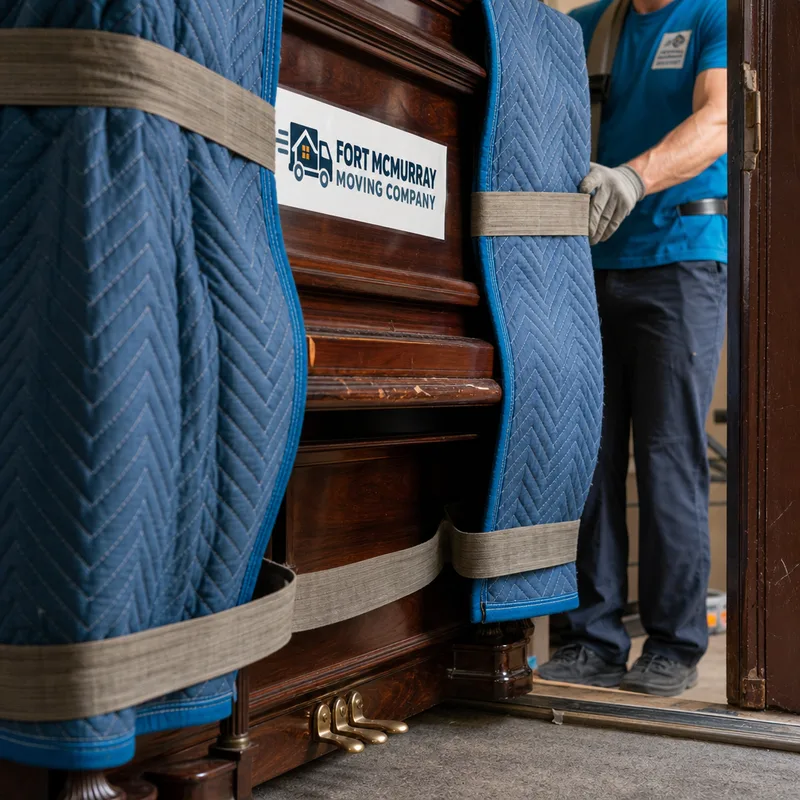 Close-up of moving blankets and straps protecting an upright piano's corners and pedals before moving through a doorway.