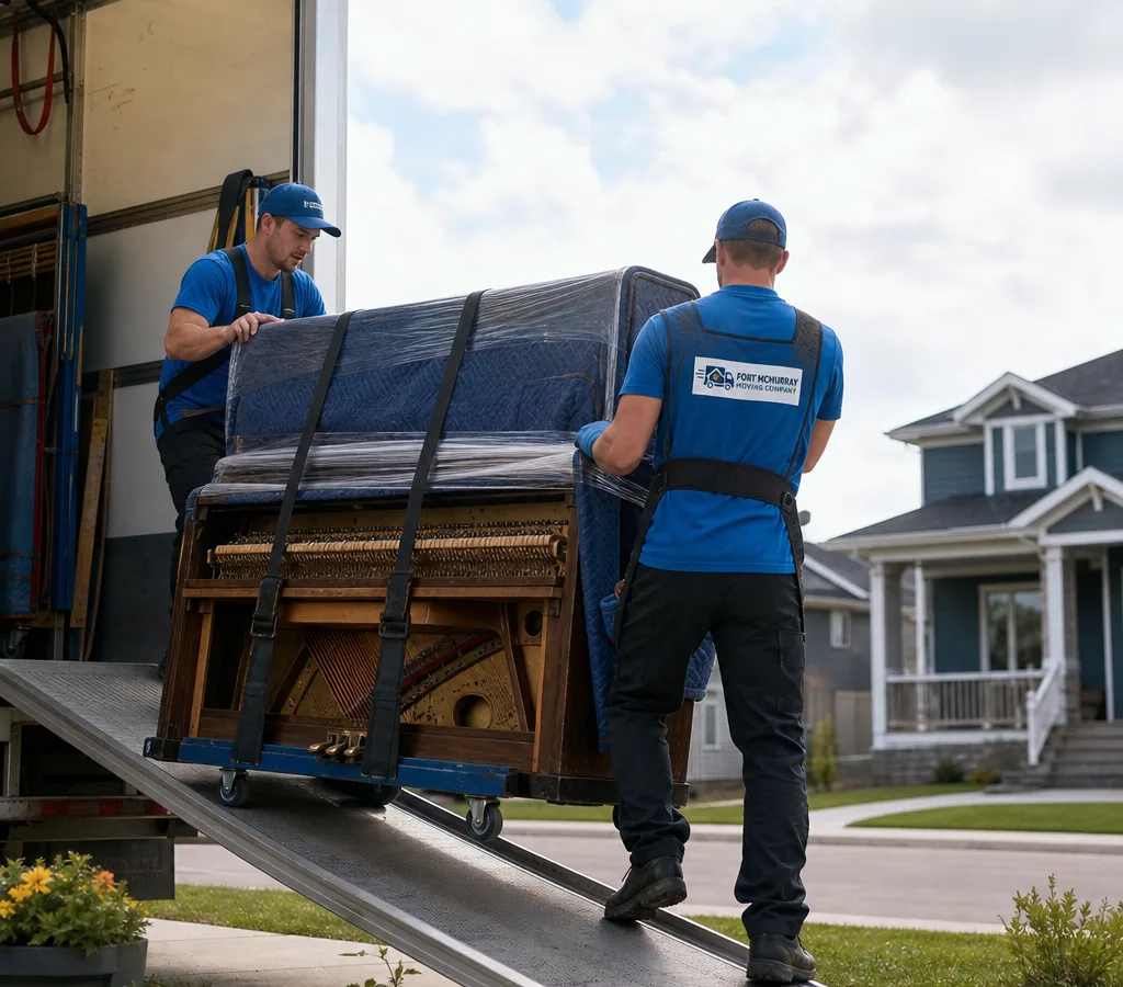 Two movers carefully guiding a wrapped upright piano on a piano dolly down a residential entry ramp, with moving blankets and straps visible.