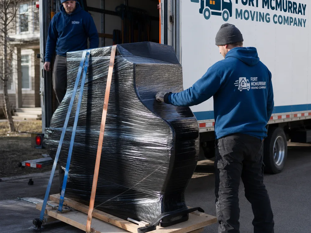A grand piano body wrapped and secured on a skid board with straps, positioned near a truck liftgate with movers guiding it carefully.