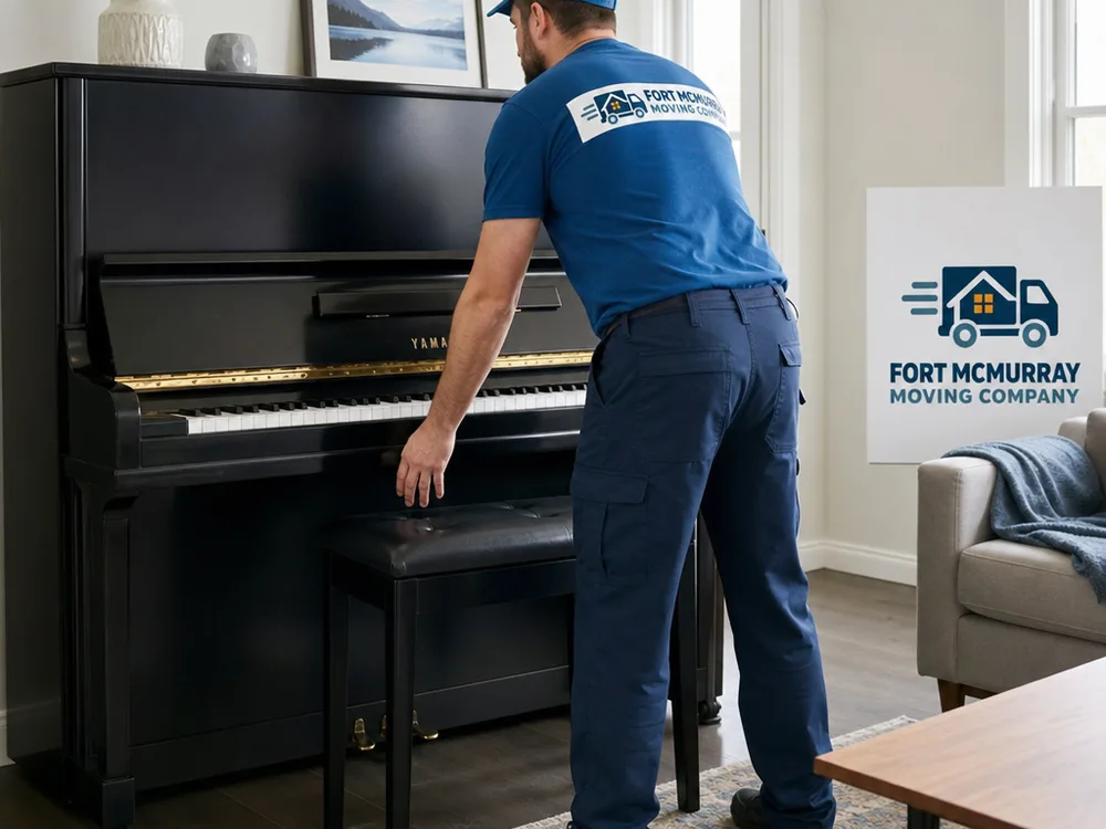 A piano placed neatly in a living room after delivery, with protective materials removed and the instrument positioned away from vents and direct sunlight.
